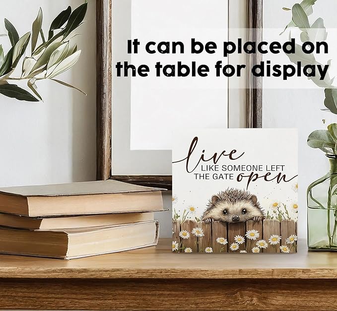 Hedgehog Wooden Box Sign -Rustic Farmhouse Live Like Someone Left the Gate Open Signs for Home Decor, Farm Cottagecore Animal Office Kitchen Bedroom Decor, Hedgehog Gifts for Women, 6x6