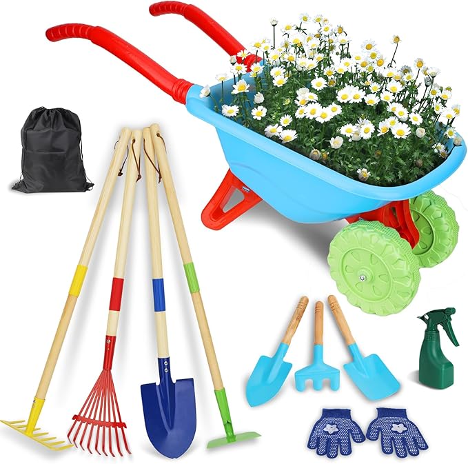 Kids Gardening Tools Set, Gardening Set for Kids, Outdoor Backyard Farm Digging Toys with Wheelbarrow Shovel, Rake, Trowel, Fork, Birthday Gifts for Boys Girls Age 3+