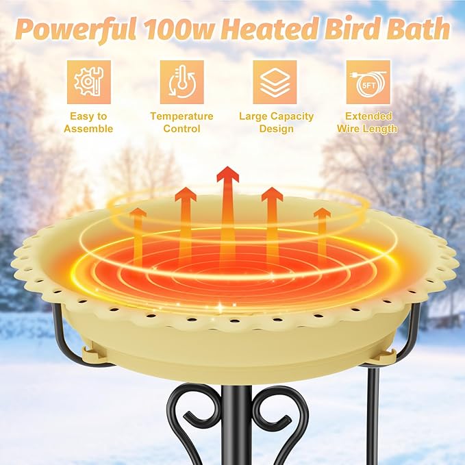 Heated Bird Bath for Outside Winter,100W Thermostat Control Birdbath Bowl with Metal 5-Prong Base,Freestanding Heated Bird Baths for Outdoors Garden Patio Yard Lawn (Beige)