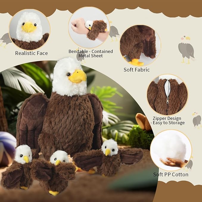 4 Pcs Bald Eagle Stuffed Animal Plush Bulk Large Mommy Eagle Plush with 3 Cute Babies Stuffed Eagle Plush Toys Plushies for Kids Boys Girls Birthday Easter Stuffers Birders Zoo Plush Gifts