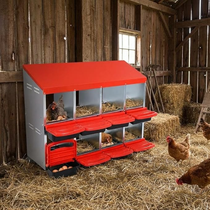 Chicken Nesting Boxes with Cleanable Pull-Out Trays - 8 Hole Metal Rollaway Nest Box for Laying Hens, Wall Mount or Placed Design for Easy Egg Collection & Cleaning