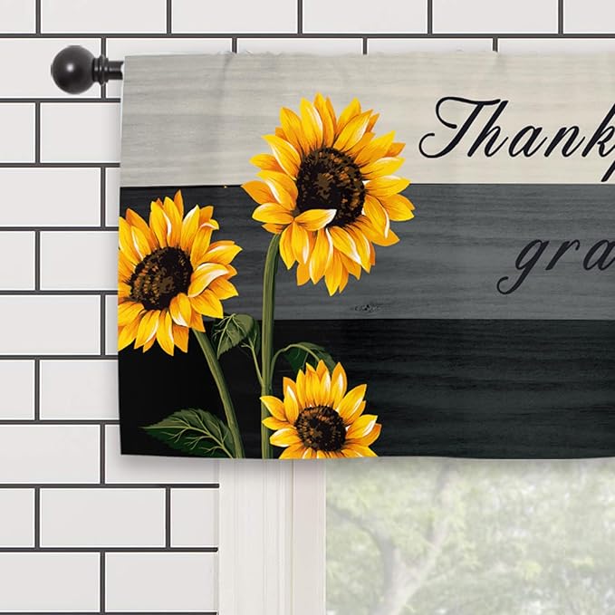 Farmhouse Sunflower Rustic Kitchen Curtain Valance 54W x 18L Inch Wood Wooden Country Rural Rod Pocket Short Cafe Small Window Treatment Drapes Decor