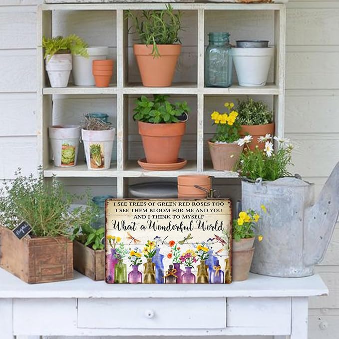 What A Wonderful World Tin Sign Metal Garden Signs For Outside Vintage Flower Market Wall Art Kitchen Metal Tin Sign Flowers I See Trees Of Green Red Roses Too Sign Flower Sign Wall Decor 8x12 Inch