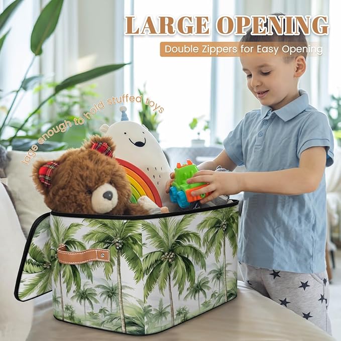 Palm Tree Storage Bins with Lids, Tropical Trees Fabric Storage Boxes with Zipper, Collapsible Decorative Closet Organizer Cube for Clothes, Organizing, Shelves