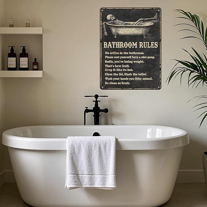 Funny Skull Bathroom Rules Metal Tin Sign Wall Decor - Vintage Bathroom Quote Tin Sign for Toilet Restroom Washroom Home Decor 12x16 Inch