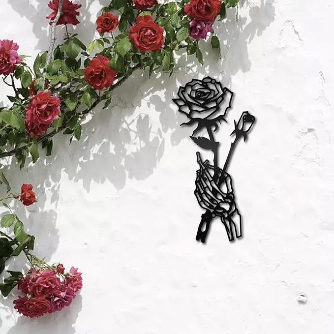 CREATCABIN Skeleton Hand Rose Wall Decor Flower Metal Wall Art Minimalist Halloween Gothic Line Art Skull Unique Love Hanging Sculpture for Wall Valentine's Day Home Decor Black 11.8 x 5.9 inch