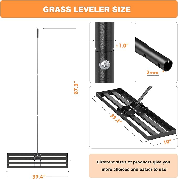 GAW Black Lawn Leveling Rake, 40" x 10" 7.2ft Handle Heavy Duty Ground Plate Rake for Lawns, Effort Saving Lawn Leveler Tool, Levelawn Tool for Yard, Backyard, Garden, Golf Couse, Farm, Pasture