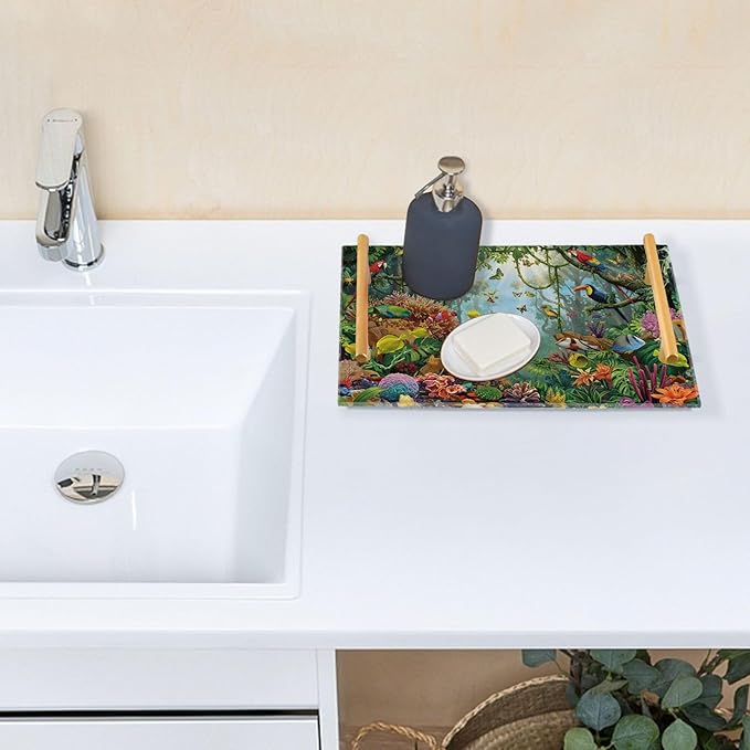Bathroom Vanity Tray Counter Organizer, Tropical Rainforest Ecosystem Decorative Tray with Handles Countertop Storage for Bathroom Bedroom Kitchen Home Farmhouse