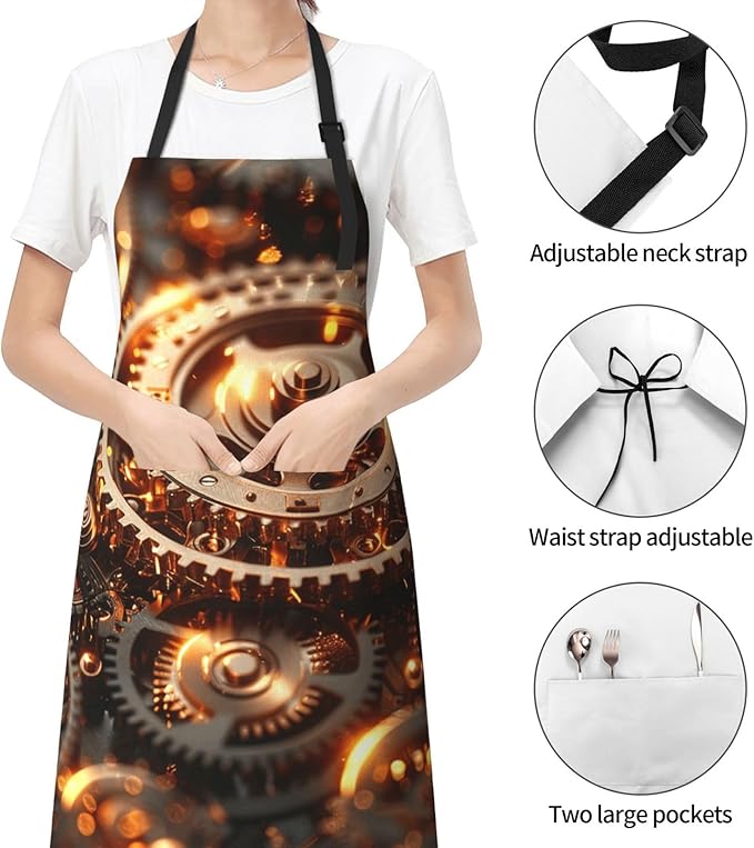 Kitchen Aprons for Men Women Waterproof Apron with 2 Pockets Cool Steampunk Gears Apron Adjustable Bib Aprons