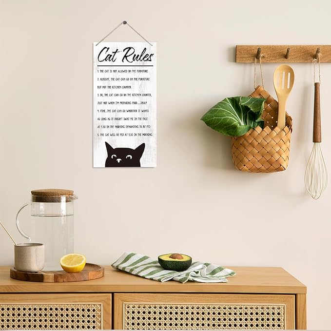 Funny Cat Rules Sign - Decorative Wood Hanging Plaque, Pet Decoration, House Theme Wall Door Decor, Cat Owner Home Gift