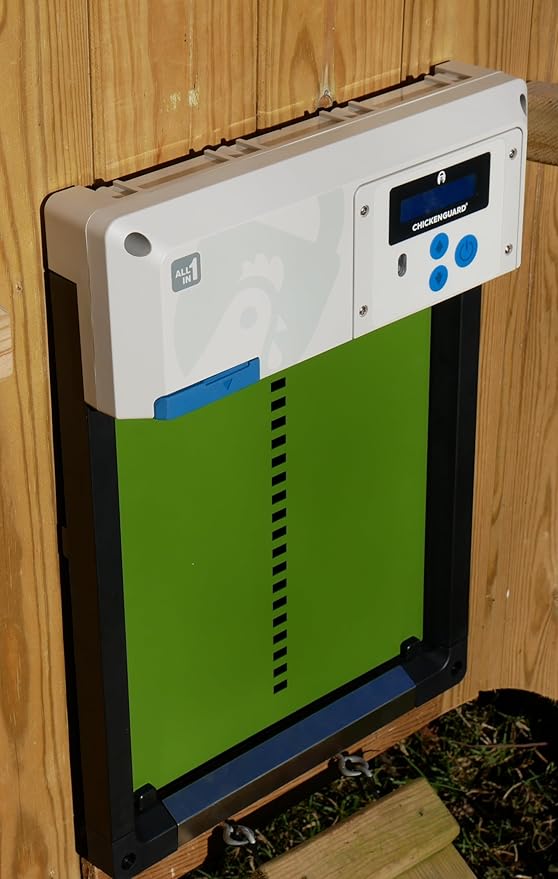 Automatic Chicken Coop Door Opener, ChickenGuard One in All 4 Colours, Timer/Light Sensing, Winter Mode, Auto-Stop & Predator Proof, 3 Power Options, Solar, Battery or Electric (Green + Batteries)