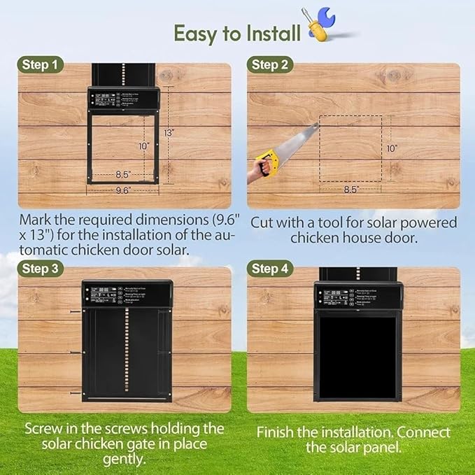 BeyondFeed™ Solar Automatic Chicken Coop Door with LCD Screen – 4 Control Modes (Light Sensor/Timer/Remote/Button), AI Anti-Pinch, Waterproof, Easy Install