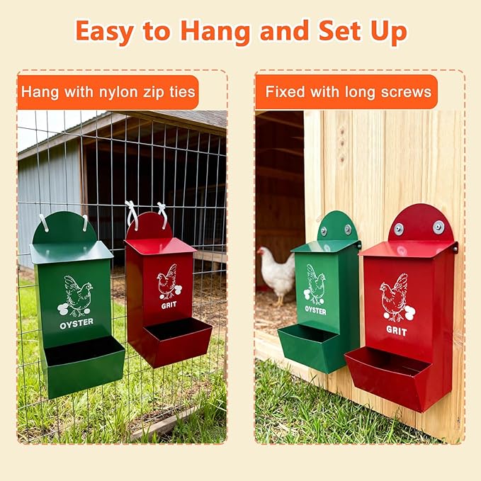 2 Pack Chicken Feeder,Large Capacity Oyster Shell Feeder with Lid,Metal Chicken Grit and Oyster Shell Feeder with 1 Scoop,Heavy-Duty Chicken Coop Accessories Rust Proof