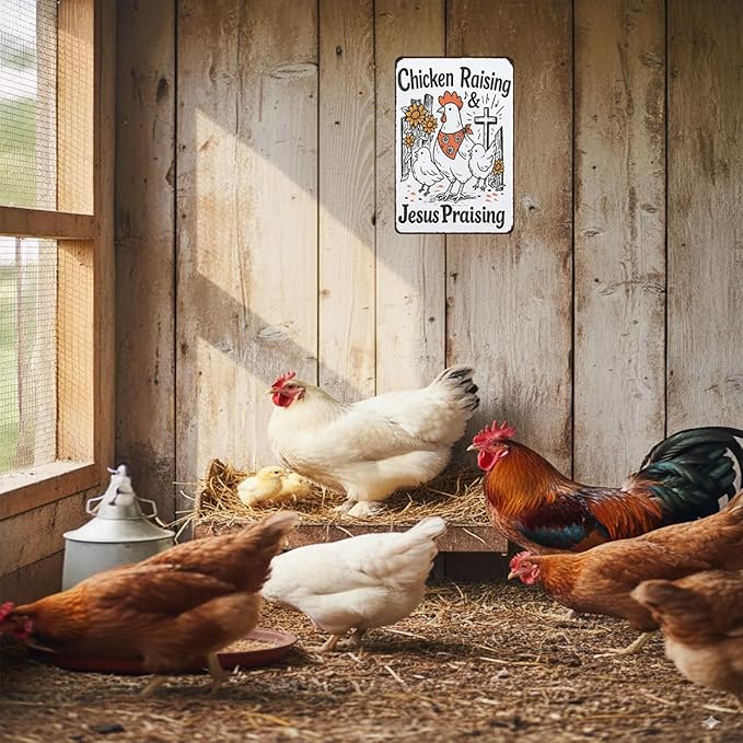 Funny Chicken Sign Chicken Raising Jesus Praising Vintage Tin Sign for Home Farm Chicken-Coop Kitchen Garden Yard Decor 8X12 Inch (3938)