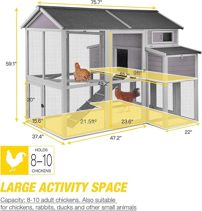 Aivituvin Chicken Coop for Chickens Super Large Outdoor Wooden Hen House with Run,Poultry Cage for 6 to10 Chickens with Two Nesting Box,Ramp,Extra Large