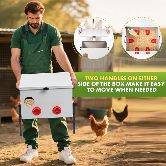 Metal Chicken Feeder with 6 Ports, 60 lbs Metal Poultry Feeder, Height Adjustable Weatherproof Feeding Box for Chickens, Geese, Ducks, Turkeys, Quails (60lbs-6 Ports)