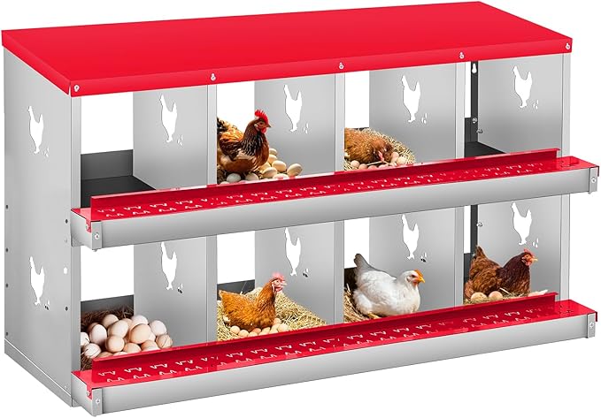 8 Compartment Chicken Nesting Box, 2 Layer Wall Mount/Free Standing Poultry Nest for Chickens, Hens, Ducks, Metal Chicken Laying Boxes with Perch, Secure Lid, Vented Holes for Egg Collection, Red