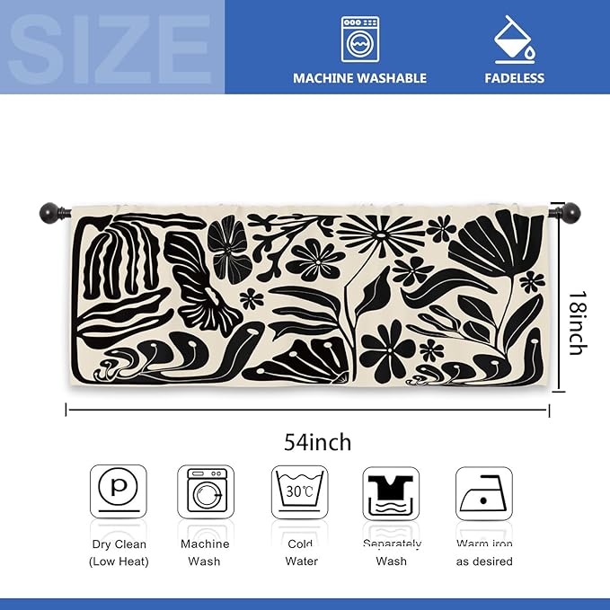 Black Matisse Flower Kitchen Curtain Valance 54W x 18L Inch Vintage Abstract Leaves Aesthetic Retro Art 70s Modern Minimalist Rod Pocket Short Cafe Small Window Treatment Drapes Decor