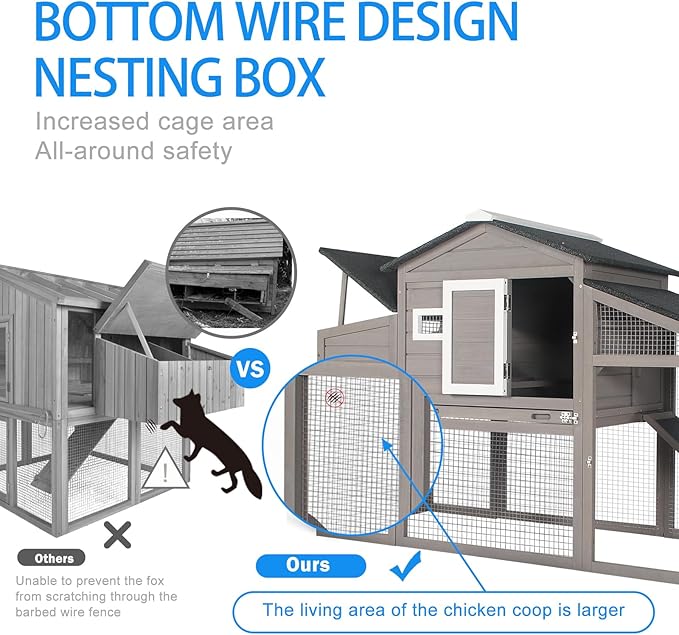 PetsCosset Chicken Coop Wooden Backyard Hen House - Indoor Outdoor for 2-3 Chickens, 2 Story Poultry Cage with Run, Chicken Nesting Box, Pull Out Trays and Anti-Slip Asphalt Ramp