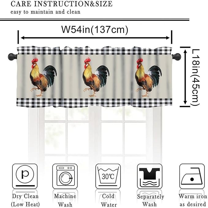 Rooster Kitchen Curtains Watercolor Vintage Rustic Farm Chicken Black White Buffalo Plaid Rod Pocket Curtain Valance for Kitchen Bedroom Living Room Decor 1 Panel W54xL18 Inch