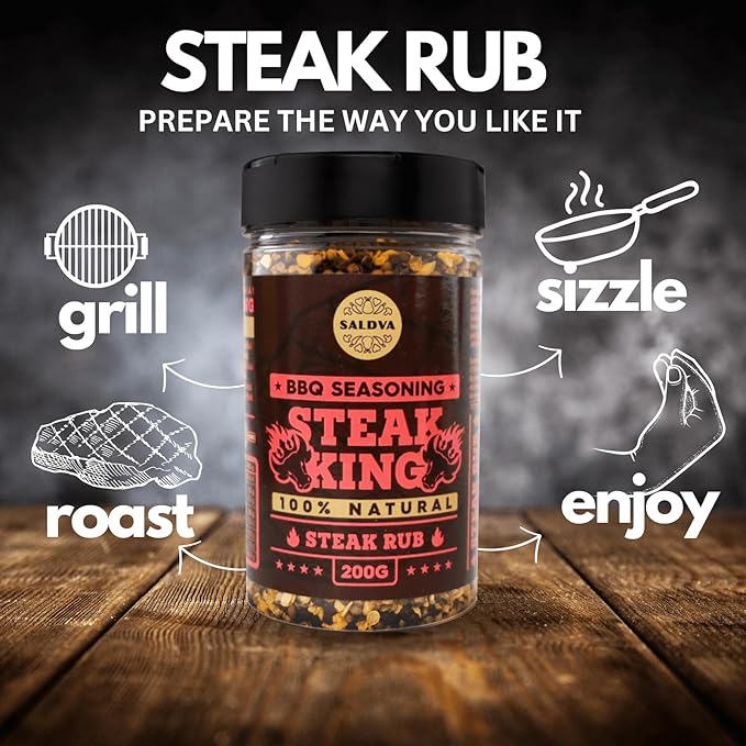 Steak King BBQ Rub - 100% Natural Seasoning - Perfectly Balanced Blend of Spices for Extraordinary Steaks and Other Beef Dishes - Large Jar (200g)