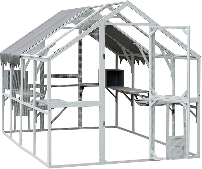 KEIKI 110"L Outdoor Large Chicken Coop with Waterproof Cover, Roosting Platform, Wire Mesh & 2 Lift Small Doors with Locks, Wood Chicken Coop House with Run for Cat Kitten Playpen, Duck, Rabbit, Quail