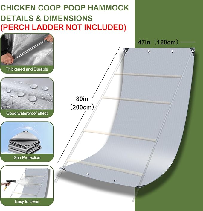 Chicken Coop Poop Hammock Waterproof and UV with 8pcs Ball Bungees Cords, 6.5 * 4 FT Poop Deck for Chicken Roosting Perch to Catch The Chicken Poop, Chicken Coop Tarp for Poultry（Not Include Perch