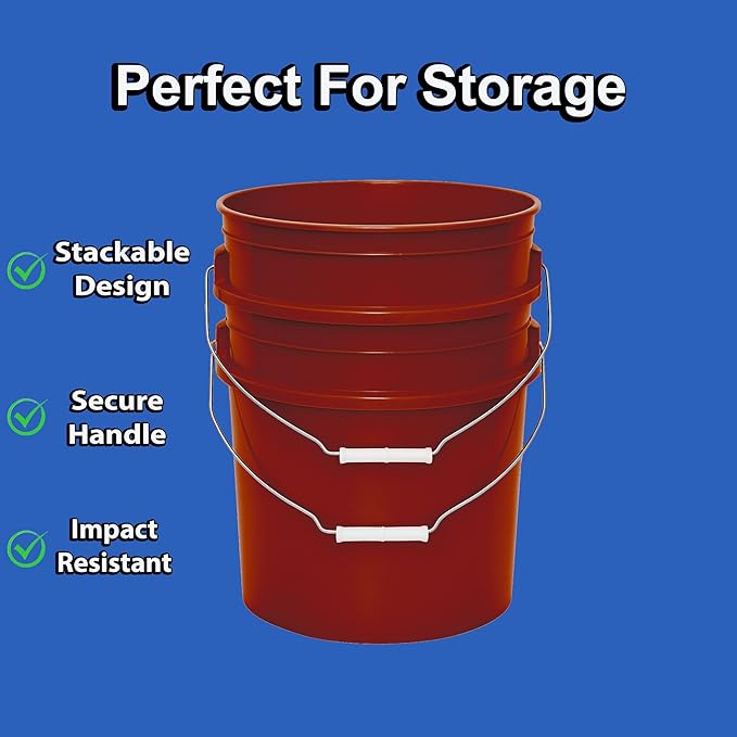 5-Gallon Bucket with Airtight Lid – Made in USA, Food Grade BPA Free Plastic, Heavy Duty Multi-Use, Metal Handle with Grip, Stackable Storage – Burgundy, 1 Pack