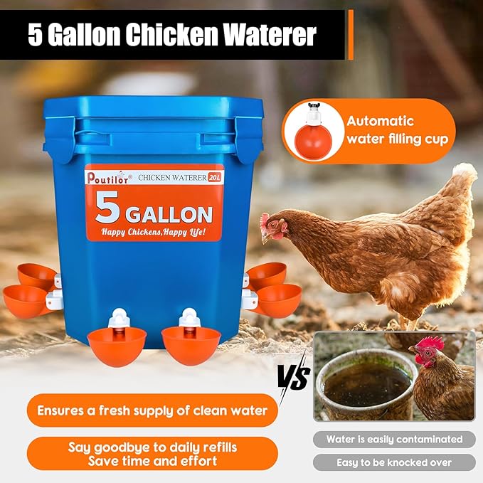 Chick Feeder and Waterer Set Bucket, Automatic Chicken Waterer 5 Gallon, No Waste Poultry Feeding System, Hanging Chicken Feeder Kit with Cups and Ports, Chicken Coop Accessories, 44Pound