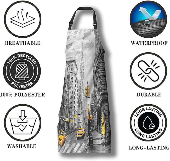 Baking Apron for Women Oil Painting Street View of New York Funny Aprons for Men for Kitchen Cooking Restaurant BBQ Painting Crafting 27” (W) x 31” (H), Waterproof Apron