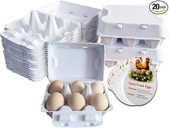 Farm Fresh Egg Cartons, White, 6-Cavity Jumbo Size for Duck and Turkey Eggs, Blank Top for Custom Labels, Commercial and Home Use (20)