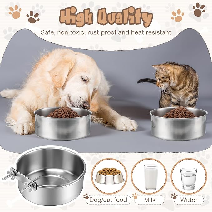 Zopeal 4 Pcs Stainless Steel Dog Bowls for Kennel Hanging 1 Quart Dog Feeder Crate Water Bowl Cage No Spill Puppy Bowls Pet Food Holder for Large and Medium Dogs Guinea Pig Rabbit Chicken Coop Cup