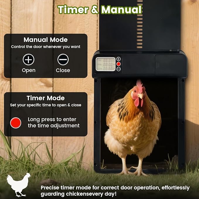 Automatic Chicken Coop Door, Chicken Automatic Door with Manual & Timer Mode, Anti-Pinch Automatic Chicken Door, Aluminum Alloy & LCD Screen