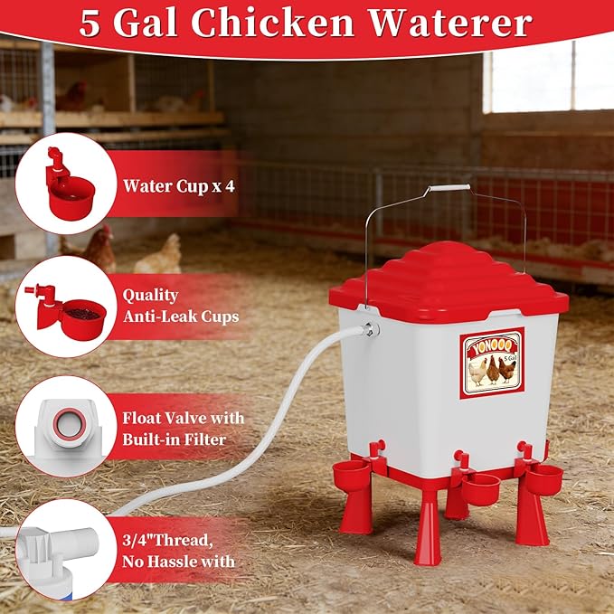 5 Gallon/26 Pounds Automatic Chicken Feeder and Waterer Set, Chicken Waterer with Automatic Float Valve, No Waste, Rain Proof Poultry Feeder, Chick Coop Accessories, for Chicken, Duck, Turkey