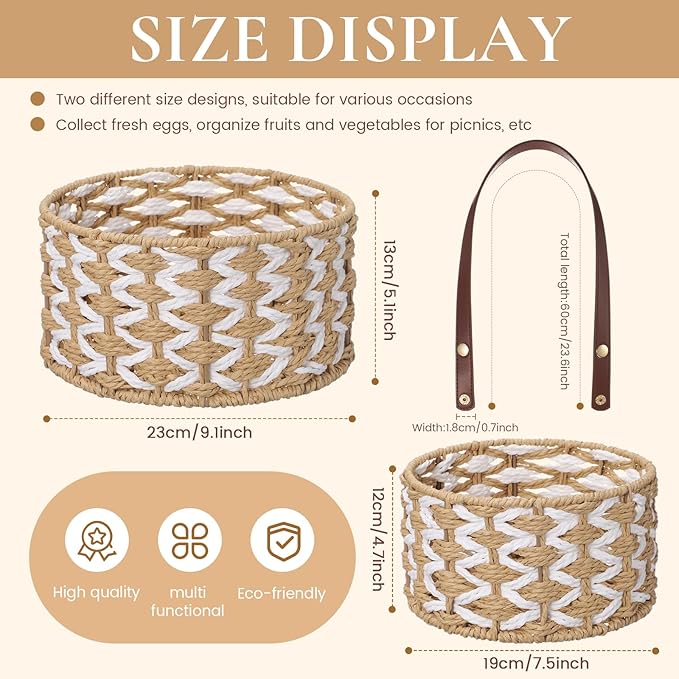 2 Size Egg Collecting Baskets with Handle for Collecting Chicken Fresh Eggs Farmhouse Wicker Basket Vintage Countertop Fruit Holder Detachable Faux Leather Handle for Storage Harvest Kitchen