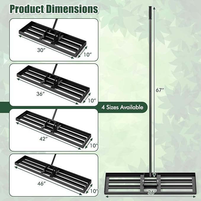 Happygrill Lawn Leveling Rake, Heavy Duty Lawn Level Tool for Soil w/67” Handle, Dirt Ground Leveler, Effort-Saving Landscape Rake for Garden, Backyard, Golf Course, Farm, Pasture (36" x 10", Black)