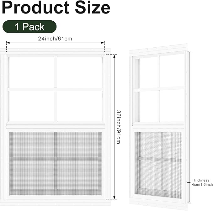 1 Pack Shed Window 24" x 36" Flush Mount Window with Tempered Glass,House Small Windows,Household Sliding Windows for Chicken Coop, Playhouse, Household, Garage