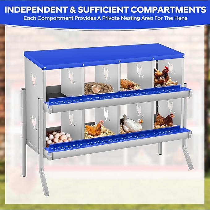 8-Hole Chicken Nesting Box, Rustproof Galvanized Steel, Wall-Mounted Metal Laying Box for Hens, Easy Egg Collection & Cleaning, Roll Away Nest Boxes - Blue
