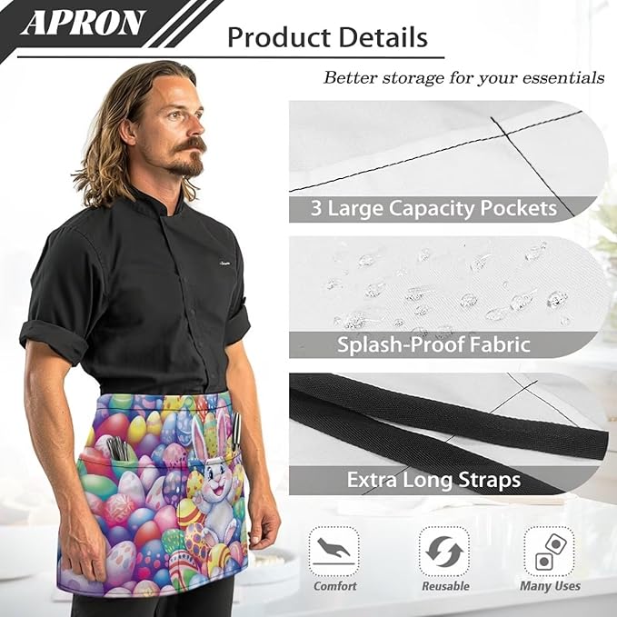 Waist Apron with 3 Pockets Waterproof 13 Inch Short Half Waist Aprons Women Men Server Aprons Waitress Waiter Apron
