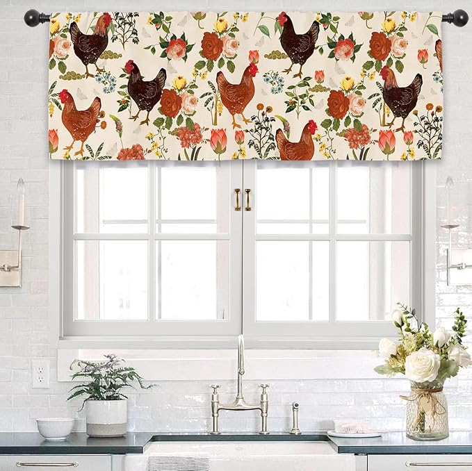 Rooster Chicken Flower Kitchen Curtain Valance 54W x 18L Inch Farmhouse Rustic Vintage Peony Country Rural Rod Pocket Short Cafe Small Window Treatment Drapes Decor