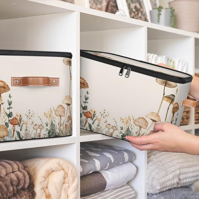 Mushroom Flower Storage Bins With Lids Fabric Collapsible Storage Box with Leather Handles for Home Bedroom Foldable Closet Shelf Organizer