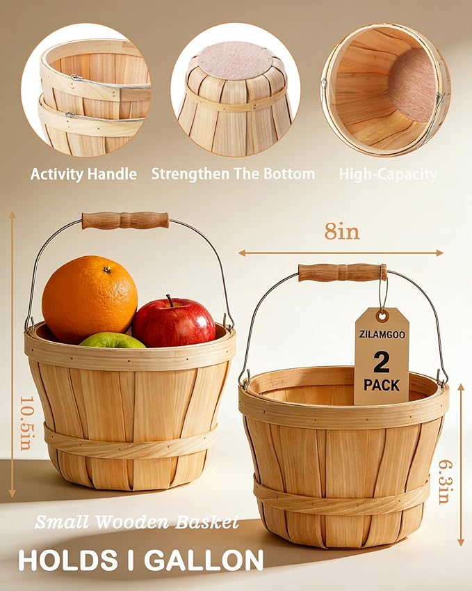 ZILAMGOO 2-Pack Apple Baskets Wooden Bushel Style – Handwoven Round Wood Fruit Baskets with Metal Handle – Rustic Farmhouse Bucket for Produce, Harvest, Holiday Display & Gifting