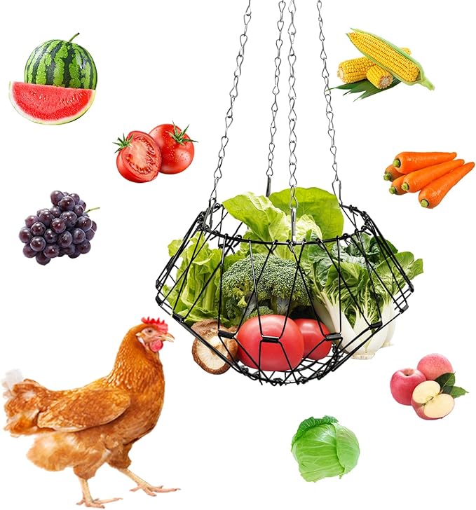 Hanging Chicken Feeder Accessories,11.81IN Large Foldable Chicken Vegetable Treat Holder Basket with 4Pcs Hanging Chain,Sturdy Poultry Feeding Cabbage Ball Boredom Toys for Chicken Coop(X-Large)