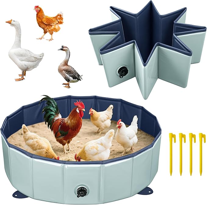 Chicken Dust Bath Tub,Bath Container for Chickens,32'' Diameter x 8'' Height, Foldable Design, Extra Tough PVC Dust - Chicken Coop Cleaner, Essential Poultry Accessory (Grey) (Gray)