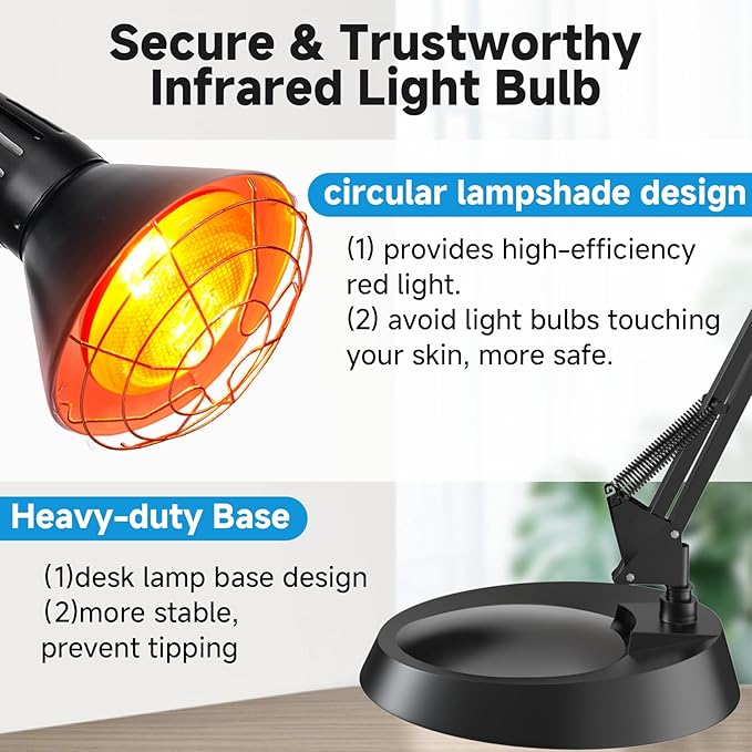 Infrared Heat Lamp with Timer, Red Light Therapy for Body Muscle Joint Pain Relief, 150W Near Infrared Lamp with Sturdy Adjustable Base