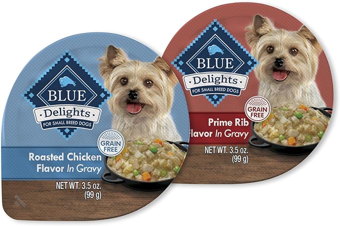 Blue Buffalo Delights Natural Adult Small Breed Wet Dog Food Cups, in Gravy, Chicken and Prime Rib 3.5-oz (12 Pack- 6 of Each Flavor)