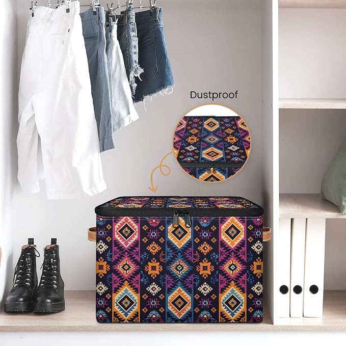 Boho Bohemia Style Storage Bins with Zipper Lid Fabric Storage Containers for Clothes Collapsible Closet Storage Basket with Metal Frame 1 Pack