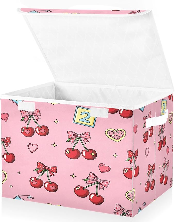 Cherries Hearts Bows Stars Storage Bins with LidsPink Foldable Storage Basket with Handles Collapsible Large Fabric Organizer Containers for Clothes Shelves Closet Office Home