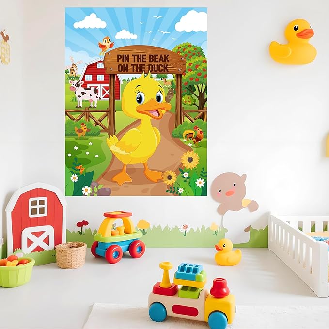 Faccito Farm Animal Games Pin The Tail on The Animals Barn Birthday Party Decorations Farm Poster Games with 24 Stickers Eye Mask for Family Activities Birthday Party Decor Supplies (Duck)