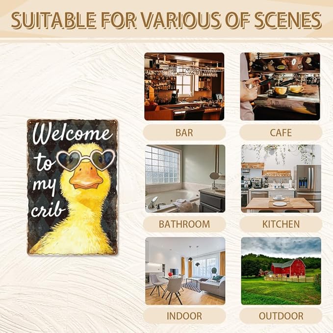 WADORN Welcome to My Crib Metal Tin Sign, 8x12 Inch Funny Duck Retro Tin Sign Novelty Bedroom Home Wall Art Decoration Plaque Gift for Home Dorm Room Porch University Dormitories Bedroom Garden Patio